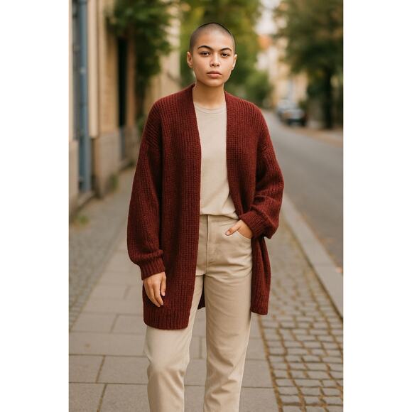 Free People Womens Open Front Long Sleeves Chunky Knit High Hopes Cardigan Red M - Picture 1 of 11